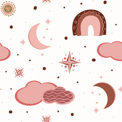 Fototapeta premium Hygge bakground. Hygge Autumn and winter pattern. Cute and cosy vector seamless pattern. Illustration of moon, clouds, rainbow and stars.