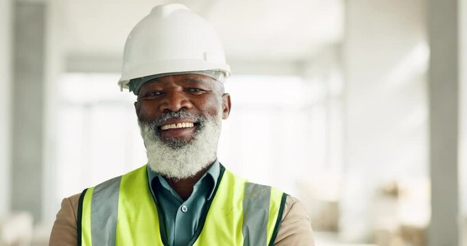 Senior black man, architect and portrait smile for construction or building project on site at the workplace. Happy elderly African American male professional builder smiling for industrial success