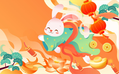 Chinese New Year 2023, Celebrating the New Year of the Rabbit with ingots and money in the background, vector illustration