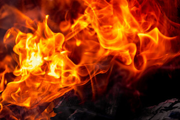 Burning fire close up. Bright orange and red flames on a dark background. Open flame heating. Problems with heating and gas. - Powered by Adobe