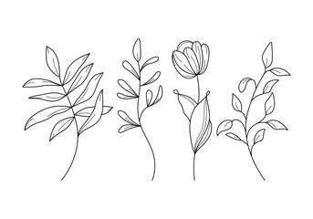 Continuous One Line Leaves Branch Set. Abstract Line Art of Flower with Leaves in Modern Linear Style. Vector Drawing of Simple Flowers For Beauty Logo Design, Printing, T-shirts, Postcard, Poster 