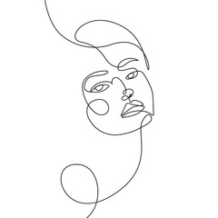 Woman Head One Line Drawing. Female Creative Contemporary Abstract Line Drawing. Beauty Fashion Female Face. Vector Minimalist Design for Wall Art, Print, Card, Poster.