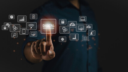 Digital transformation technology concept. Man finger touching virtual digital interface with...