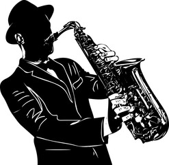 Vector illustration of a man holding a saxophone, a musician playing a saxophone sketch drawing silhouette, a saxophone clip art and symbol - obrazy, fototapety, plakaty
