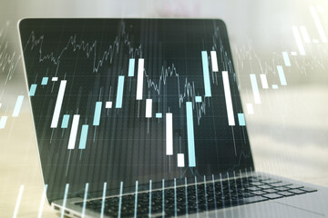 Multi exposure of abstract creative financial chart on computer background, research and analytics concept