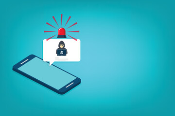 Hacker, malware notification on mobile phone. Smartphone with hacker alert, spam data on cellphone fraud error message, scam, virus. Vector illustration.