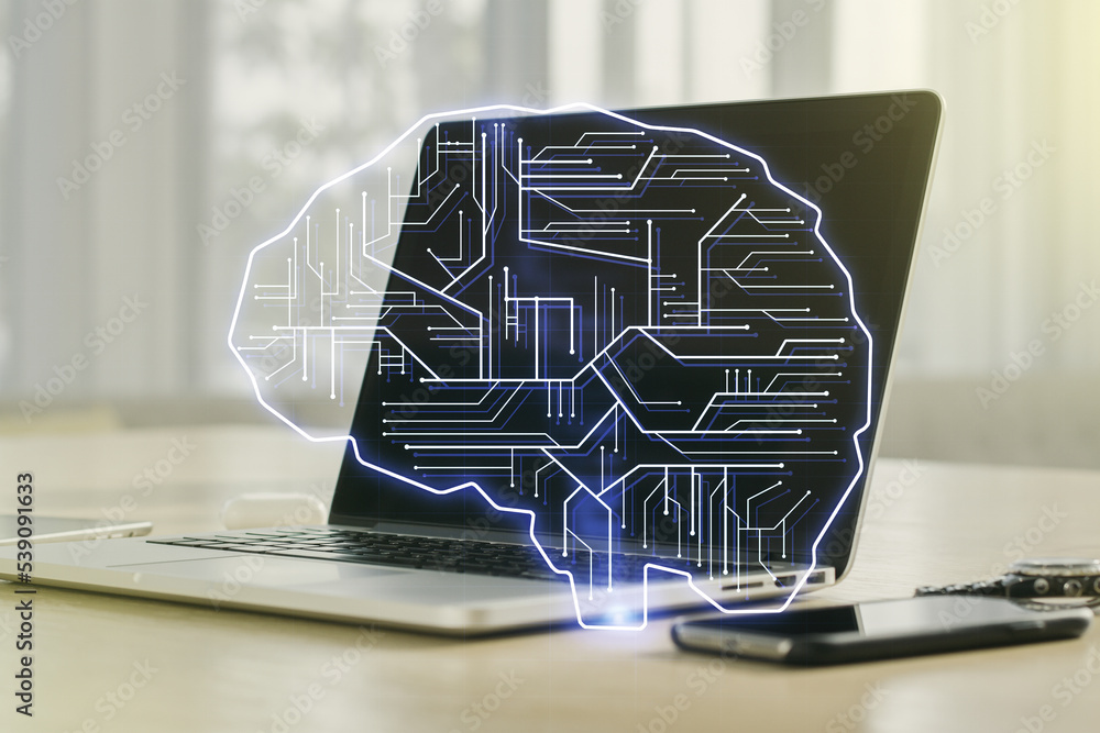Aufkleber Creative artificial Intelligence concept with human brain sketch on modern computer background. Double exposure