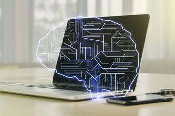 Creative artificial Intelligence concept with human brain sketch on modern computer background....