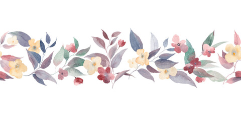 Watercolor illustration. Cute watercolor flowers horizontal border isolated on white background. Illustration for card, border, banner or your other design. Seamless pattern.