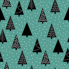seamless Christmas pattern. small abstract black Christmas trees and snow. green background. vector texture. fashionable print for textiles and wallpaper.