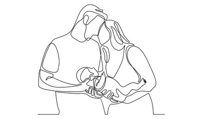 Continuous line of family concept. Father, mother and son together