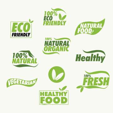 Organic food, farm fresh and natural product stickers and badges collection for food market, ecommerce, organic products promotion, healthy life and premium quality food and drink. 