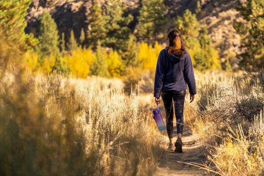A woman hikes in the forest in the fall in Oregon