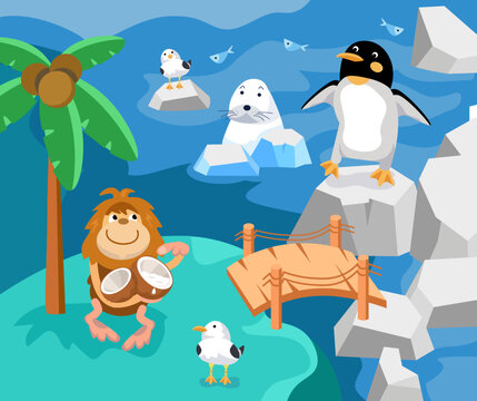 Cute penguin, seal and seagulls among the ice, icebergs in cartoon style. Monkey with coconut near palm tree. Characters for design of books, posters. Vector illustration.