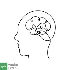 Continuous line art and one line drawing of a human head with brain. Linear outline stroke, mechanical and robotic technology with advanced. Vector illustration isolated on white background. EPS 10.