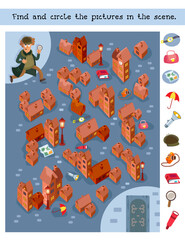 Find and circle 10 hidden objects. Educational puzzle for children. Vector illustration. Help the detective get into the castle.