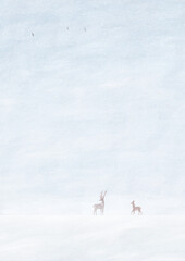 Cute winter landscape. Winter poster. Snowy valley. Vertical landscape. Deer on a snowy field. Gouache illustration.