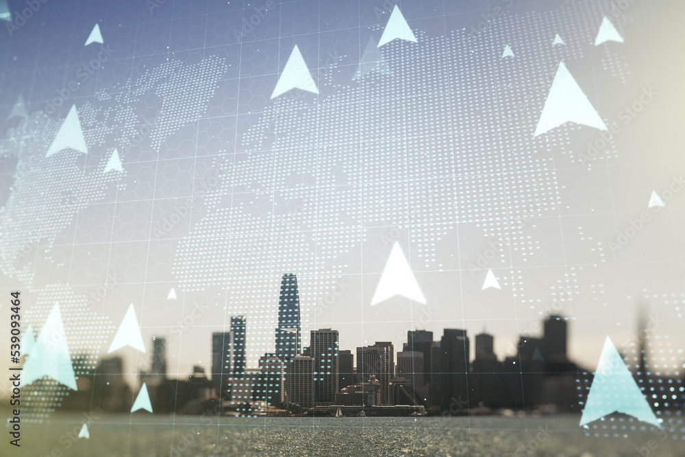 Poster abstract virtual geolocations map hologram on san francisco skyline background. gps tracking and nav