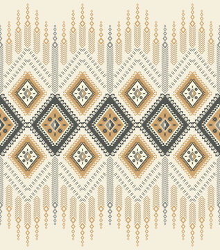 Ethnic Geometric Vintage Pattern. Ethnic Border Element. Vector Ethnic Geometric Diamond Shape Seamless Pattern Background. Embroidery Folk Pattern For Fabric, Textile, Interior Decoration Elements.