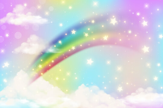 Rainbow background with clouds and sprinkles in watercolor style on pink background. Fantasy pastel color. Realistic vector cartoon illustration.