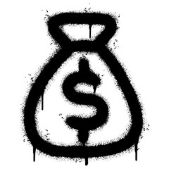 Spray Painted Graffiti Money Bag icon Sprayed isolated with a white background. graffiti love symbol with over spray in black over white. Vector illustration.