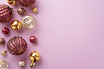 Christmas tree decorations concept. Top view photo of pink transparent and gold baubles balls on isolated pastel purple background with blank space