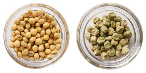 Soy, lentils, dried peas protein sources for vegetarian nutrition, isolated on white background, top view