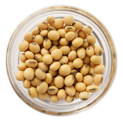 soy grains in a bowl isolated on white, close-up, top view
