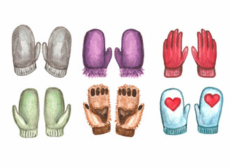winter, autumn, spring warm fluffy knitted mittens and gloves: gray, purple, red, green, brown, turquoise. Watercolor illustration isolated on white