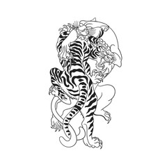 Fighting tiger and panther traditional tattoo design outline