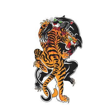 Fighting tiger and panther traditional tattoo design