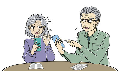 スマホの使い方がわからないという会話をする高齢夫婦