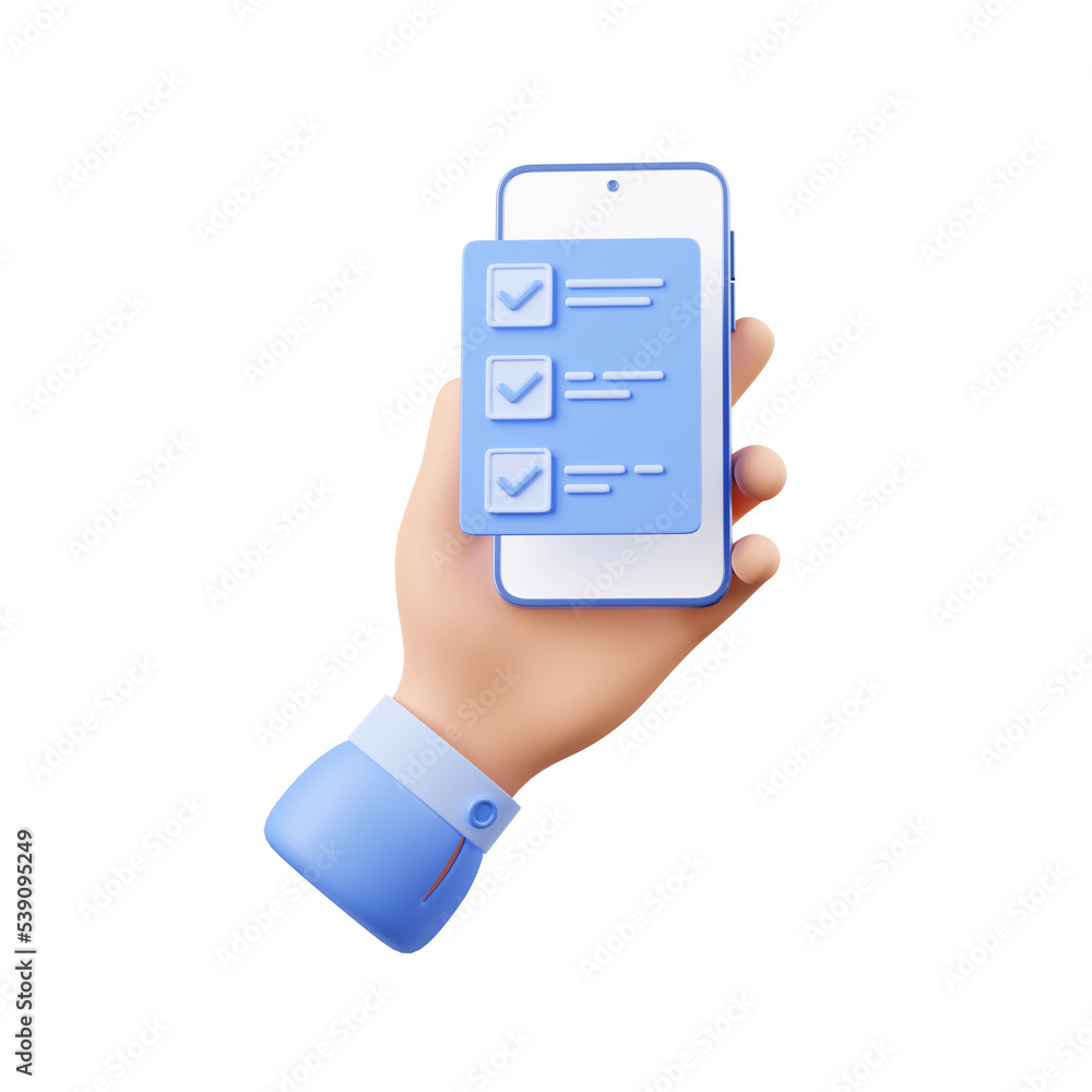 Poster 3d render of hand holding smartphone with checklist. successful business person using time managemen
