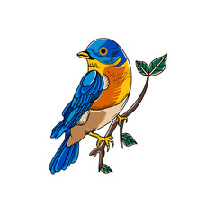 Illustration of a beautiful colored bird perched on a tree trunk