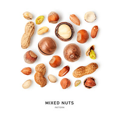 Mixed nuts on white background. Creative pattern.