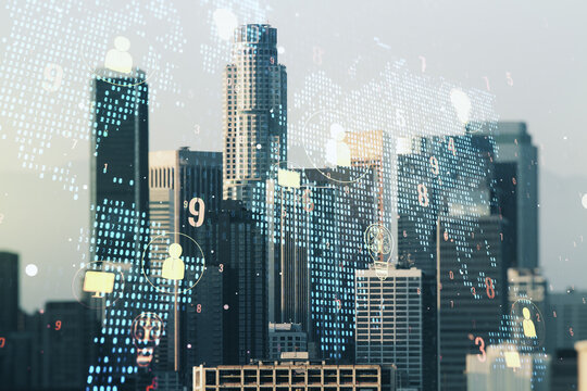 Double exposure of social network icons hologram and world map on Los Angeles city skyscrapers background. Marketing and promotion concept - Powered by Adobe