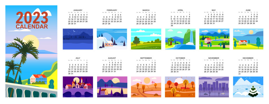 2023 Calendar minimalistic landscape natural backgrounds of four seasons