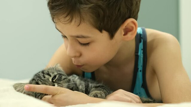 boy kisses the kitten lying on the bed in the living room.