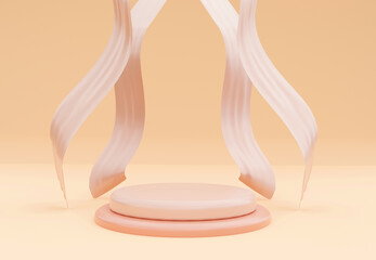 Light pink cylinder podium with abstract decorative objects. Stand to show products. Stage showcase with copy space. Minimal pedestal background. 3D rendering.