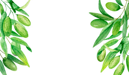 Set wreath, frame branch olives on white background hand drawn illustration.