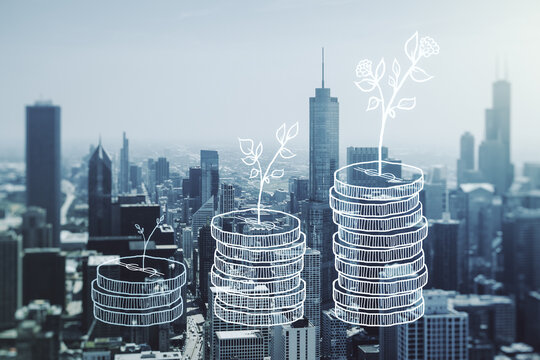 Virtual money savings sketch on Chicago office buildings background, accumulation and growth of money concept. Double exposure