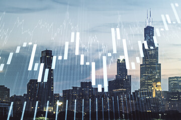 Multi exposure of abstract virtual financial graph hologram on Chicago skyline background, forex...