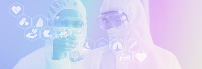 the researchers in safety suit working in laboratory while looking Ingredients of the new drug in vitro with illustration organ lab equitment