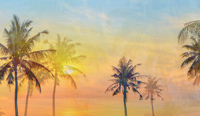 Naklejka na ściany i meble silhouette of palm trees at sunset background