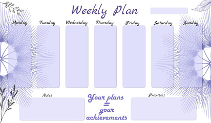 Weekly organizer, planner in pastel color with natural decor, motivational lettering, text. For organizing plans and motivation.