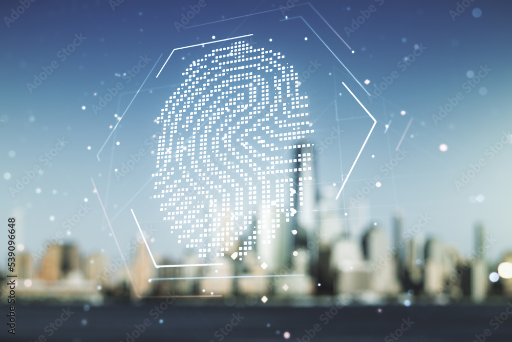 Poster multi exposure of virtual abstract fingerprint illustration on blurry skyline background, digital ac