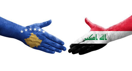 Handshake between Iraq and Kosovo flags painted on hands, isolated transparent image.