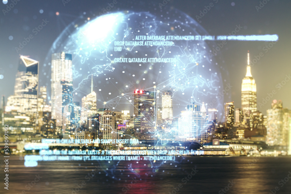Aufkleber abstract virtual coding concept and world map hologram on new york city skyline background. multiexp
