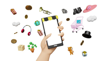 hand holding mobile smart phone, online delivery or order tracking concept with goods box and shopping cart in beige background. Fast package shipping with cell phone, 3d illustration or 3d render