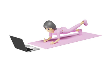 Fototapeta premium cartoon character women doing exercise style yoga on rubber mat with watching online tutorials on laptop. 3d illustration or 3d render